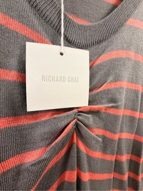 Richard Chai Steel Gray and Coral Striped Bracelet-Sleeve Top